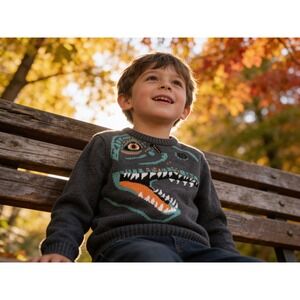 Old Navy Boys Gray Dinosaur T-Rex Knit Sweater Pullover 4T Charcoal Teal Orange